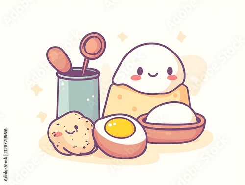 there is a cartoon of a bowl of eggs and a cup of coffee