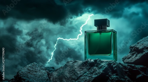 A green glass perfume bottle standing against a stormy ocean, illuminated by lightning flashes.
