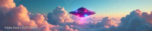 Colorful UFO hovering in sky with clouds, concept of alien spaceship, science fiction, mystery, spaceship