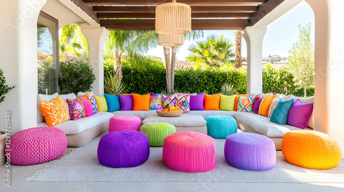 Colorful patio seating, sunny day