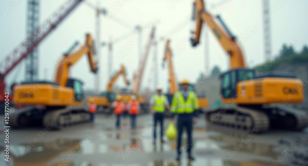 Construction workers, builders wearing safety vests and helmets standing on muddy building site with excavators and cranes, blurred out of focus industrial background Construction workers, builders wearing safety vests and helmets standing on muddy building site with excavators and cranes, blurred out of focus industrial background