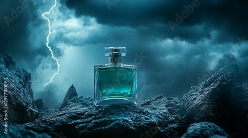 Elegant green glass perfume bottle reflecting the glow of lightning over the dark sea.
