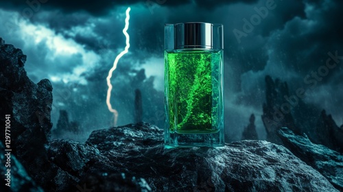 Mystical perfume bottle under a thunderstorm sky, with waves crashing in the background.

