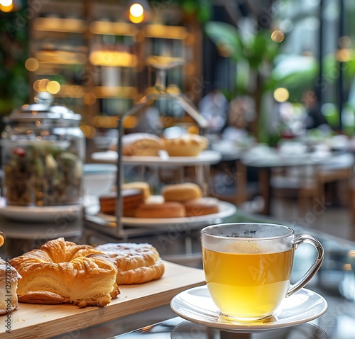 there is a cup of tea and some pastries on a table
