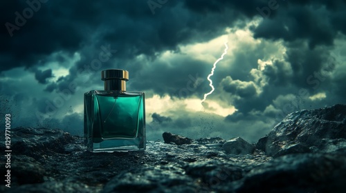 A glass perfume bottle shimmering under the electric energy of a raging storm at sea.
