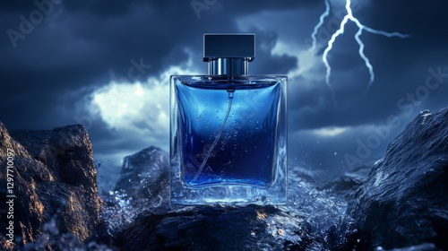 A perfume bottle bathed in flashes of lightning, standing still as waves roar behind.
