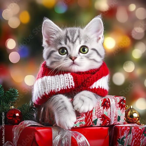 there is a cat wearing a scarf sitting on a pile of presents