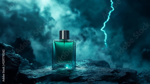 A mysterious perfume bottle under the fury of a thunderstorm, with the wild sea in the background.
