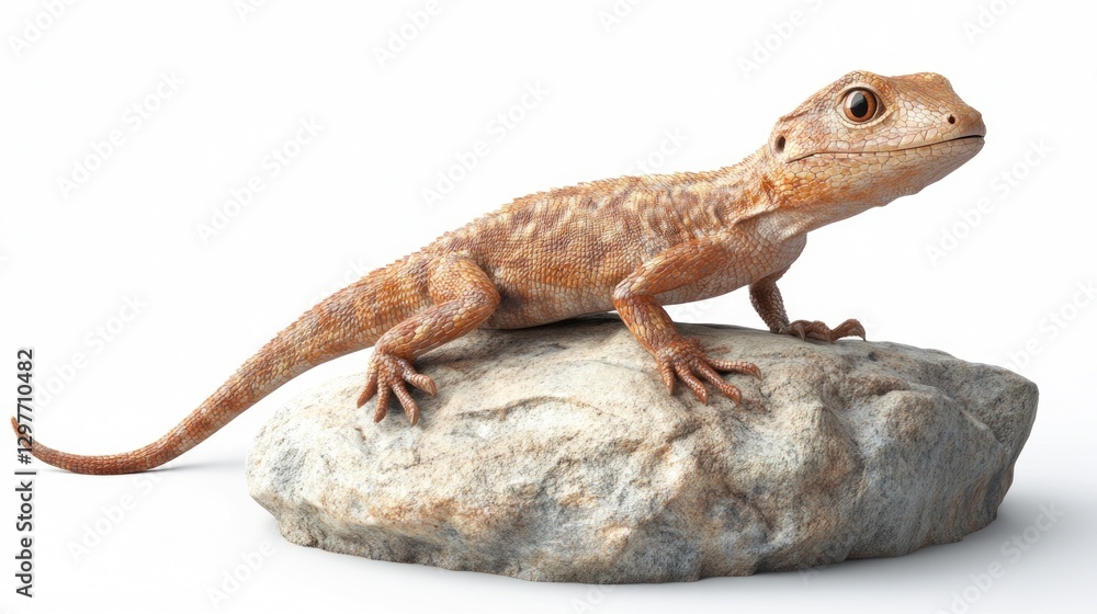 Naklejka premium Lizard resting. Orange reptile poses on rock, isolated against white background