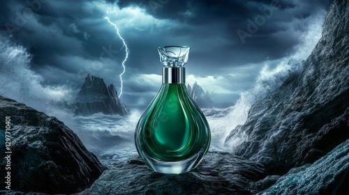 A green glass perfume bottle glowing under stormy clouds, with ocean waves mirroring its reflection.
