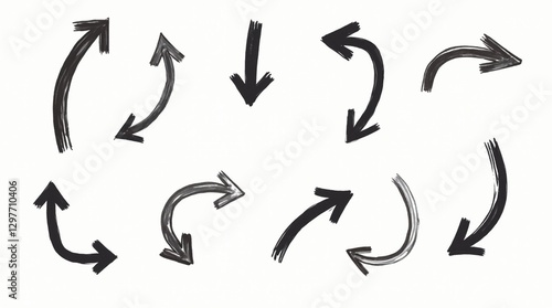 A vibrant set of hand-drawn, sketch-style arrow vector icons in various orientations, including rotated arrows, depicted in a crisp, bold black color, perfect for incorporating into business plans.