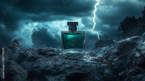 Elegant green glass perfume bottle reflecting the glow of lightning over the dark sea.
