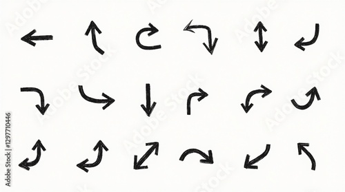 A set of diverse, hand-drawn arrow vector icons in a sketch design style, perfect for business plans and educational materials, featuring rotated arrows in various directions and angles.