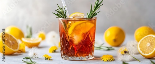 there is a glass of tea with lemons and rosemary on the table
