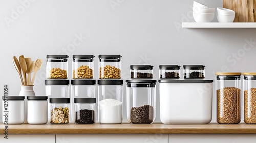 A collection of modern kitchen storage containers on a wooden countertop.