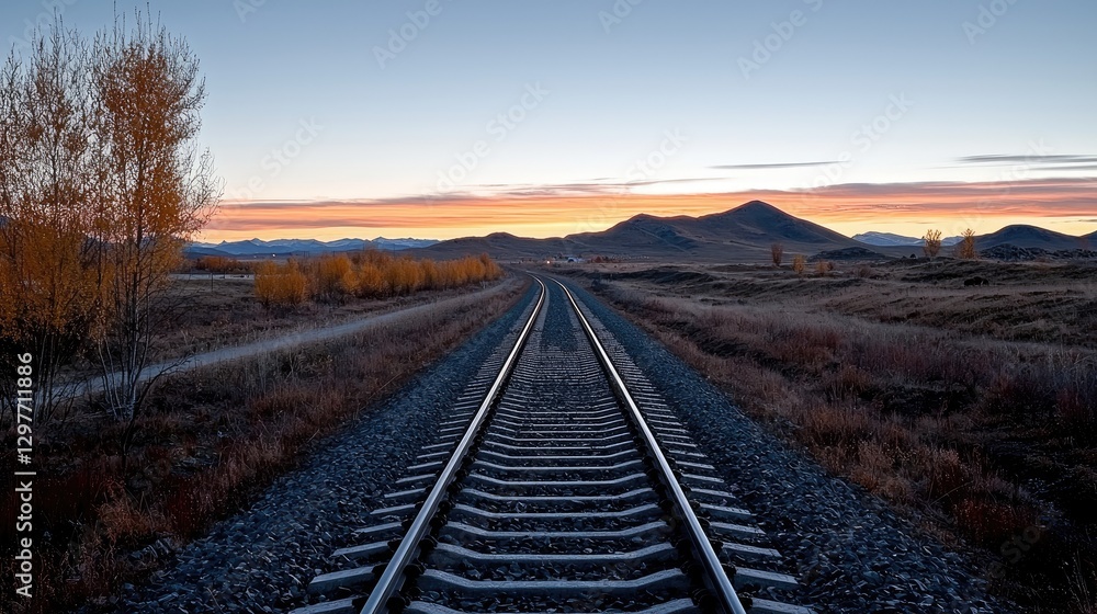 Obraz premium Sunrise over Railroad Tracks in Mountainous Landscape