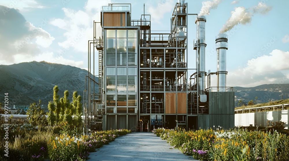 Modern industrial plant nestled in green landscape. Possible use Stock photo for sustainable industrial design Modern industrial plant nestled in green landscape. Possible use Stock photo for sustainable industrial design
