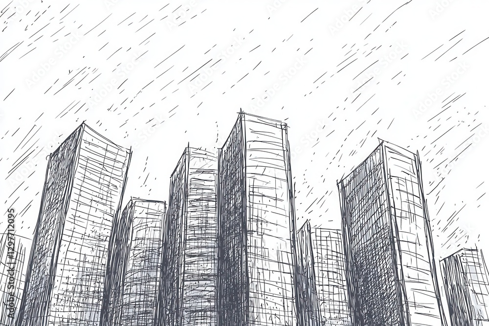 Fototapeta premium Sketch of Modern Skyscrapers Under Dramatic Rainy Sky Atmosphere