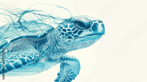 A digital illustration of a sea turtle with a blue and white color scheme.