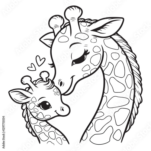 Line art of mother giraffe cuddles on baby giraffe's head cartoon vector