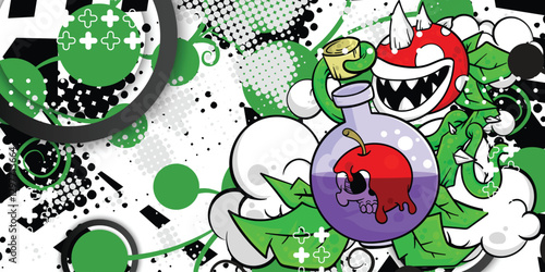 Abstract background with plant monster and skull objects