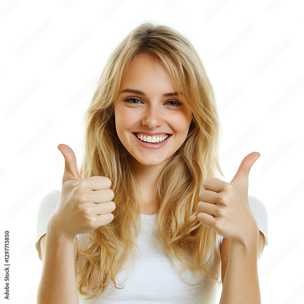 Happy blonde woman gives thumbs up. Happy blonde woman gives thumbs up.