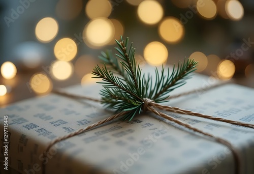 Cozy Christmas Gift Wrapped in Kraft Paper with Pine Branch and Twine, Festive Bokeh Lights Background