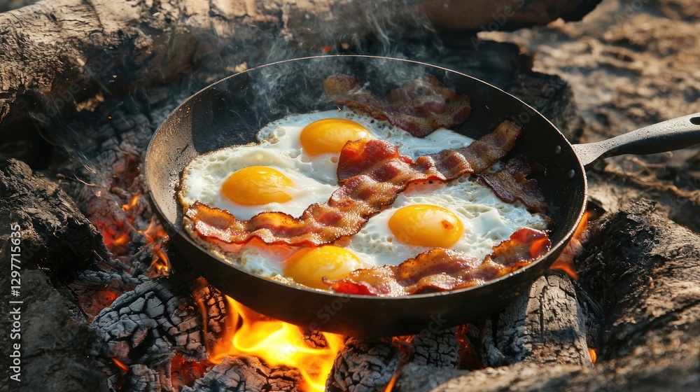 A morning campfire scene with someone frying eggs and bacon in a pan over the flames A morning campfire scene with someone frying eggs and bacon in a pan over the flames