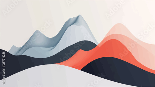 The image depicts a stylized abstract landscape composed of undulating hills and mountains rendered in a smooth, flowing style.  The color palette is a blend of cool and warm tones, including
