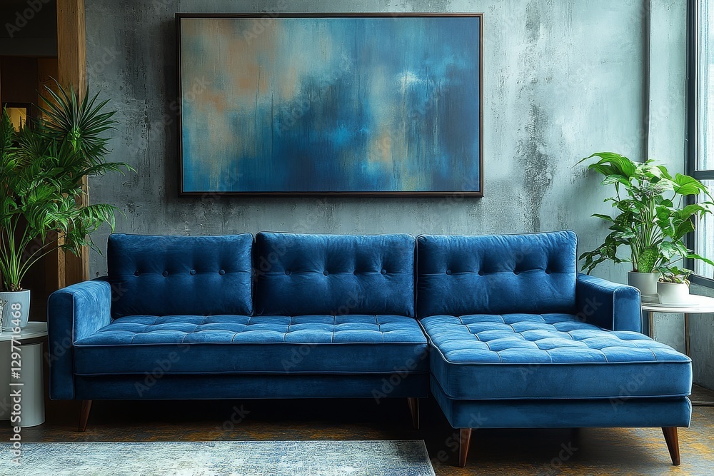 Obraz premium Blue velvet sofa with chaise lounge, elegant legs, square armrests, dark wood details, and crisp buttons, next to a white coffee table with potted plants and abstract paintings.