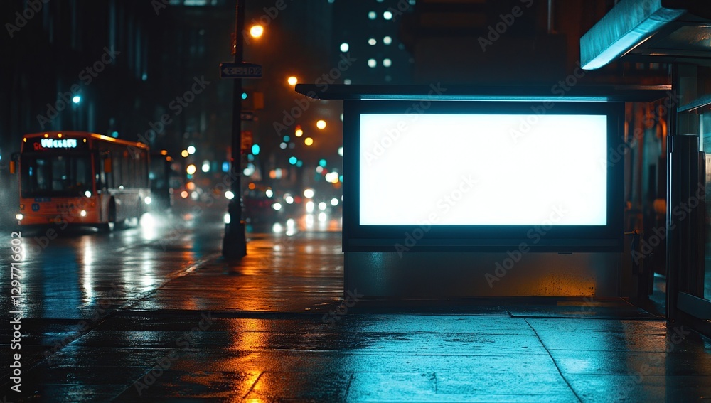 Blank Billboard in Rainy City at Night Blank Billboard in Rainy City at Night