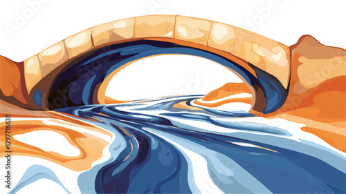A digital illustration depicting a stone arch bridge spanning a flowing river. The bridge is rendered in shades of tan and gold, while the river is depicted in blues and whites, suggesting movement