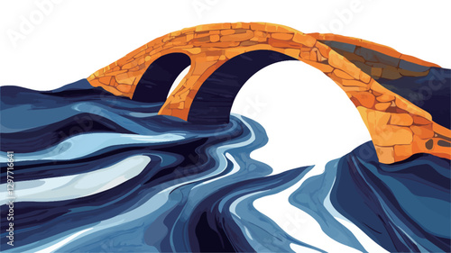 A stylized illustration depicting a stone arch bridge partially submerged in swirling, abstract blue and white water. The bridge is rendered in shades of orange and appears to be made of textured