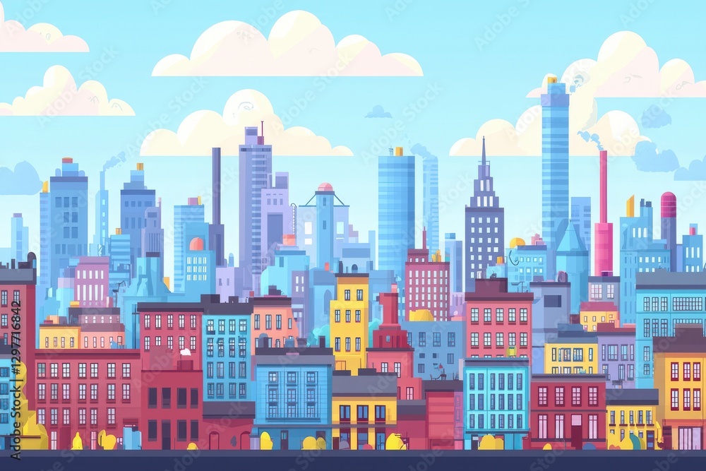 Colorful Cityscape Illustration with Skyscrapers and Clouds Colorful Cityscape Illustration with Skyscrapers and Clouds
