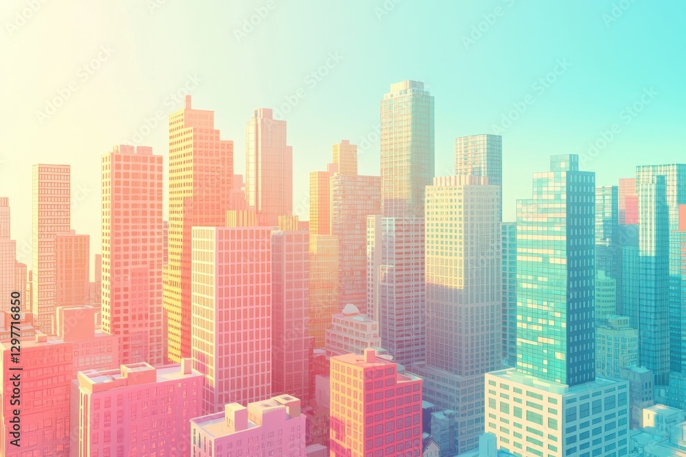 Modern City Skyline with Soft Pastel Colors and Bright Sunlight Modern City Skyline with Soft Pastel Colors and Bright Sunlight