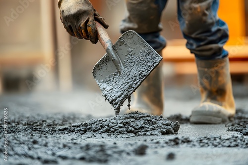 Construction worker spreading concrete with shovel on site photo