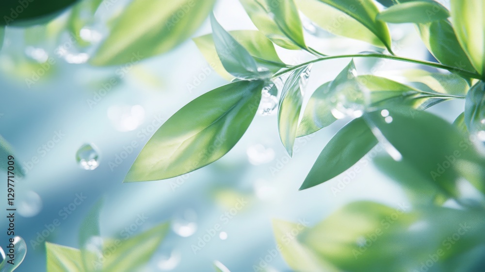 Fototapeta premium 10.A 3D digital rendering of lush botanical greenery, showcasing layered leaves with translucent properties and subtle light refraction, designed for architectural visualization.