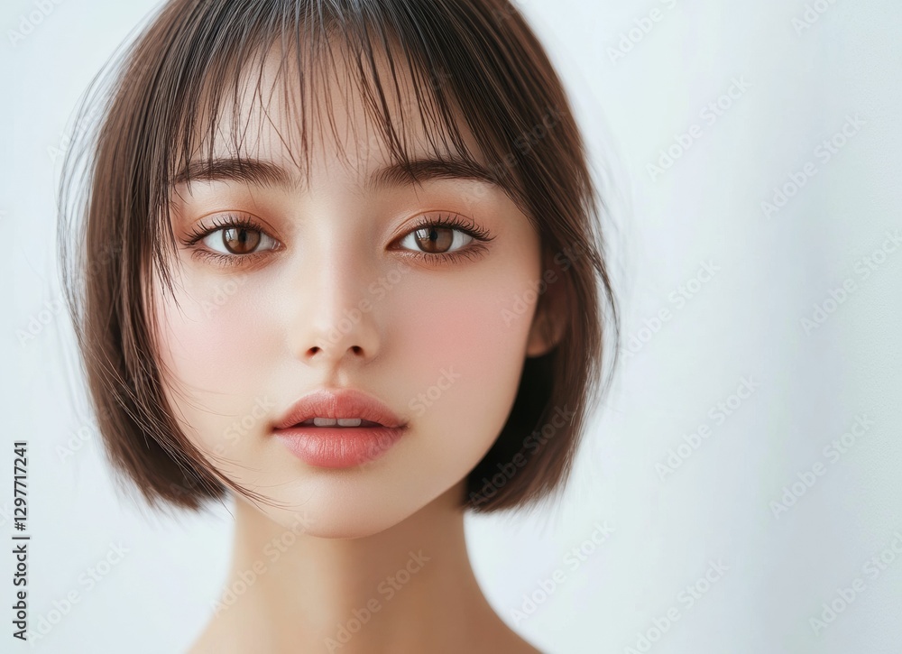 A young Asian woman with a stylish bob cut smiles confidently, set against a crisp white background. The portrait radiates positivity and simplicity, making it visually striking.