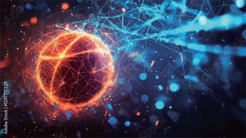 The image is a digital illustration depicting a fiery, glowing orange sphere at the center.  The sphere has a cracked, textured surface suggesting intense heat.  Intricate, glowing energy streams,