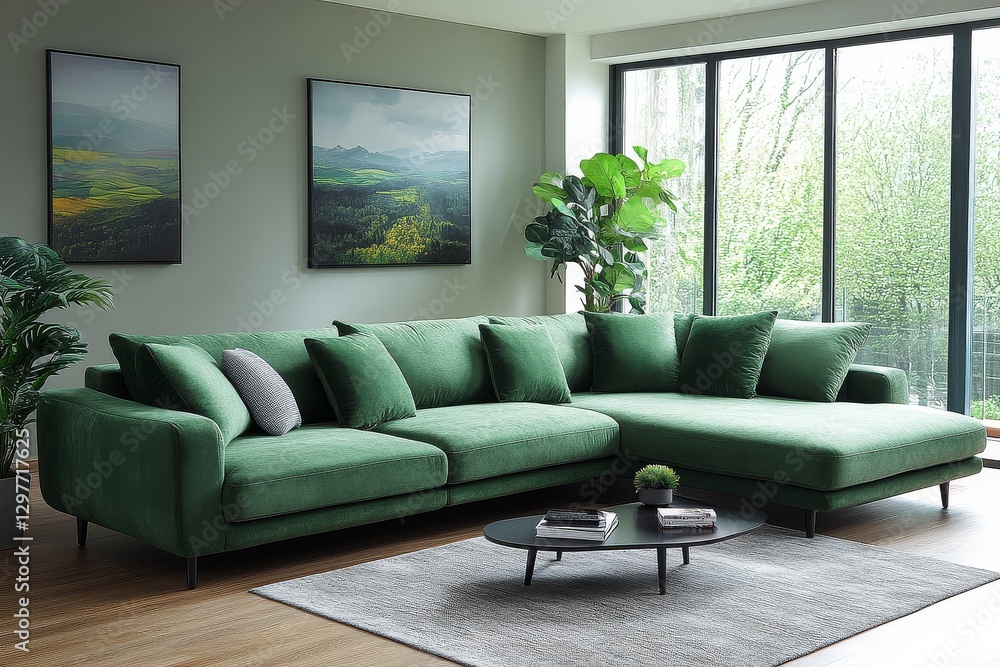 Large green fabric sofa with chaise longue on wooden legs, L-shaped design with deep armrests and cushions, modern style for comfort and relaxation. Large green fabric sofa with chaise longue on wooden legs, L-shaped design with deep armrests and cushions, modern style for comfort and relaxation.