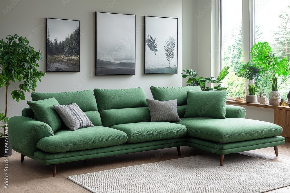 Large green fabric sofa with chaise longue on wooden legs, L-shaped design with deep armrests and cushions, modern style for comfort and relaxation. Large green fabric sofa with chaise longue on wooden legs, L-shaped design with deep armrests and cushions, modern style for comfort and relaxation.