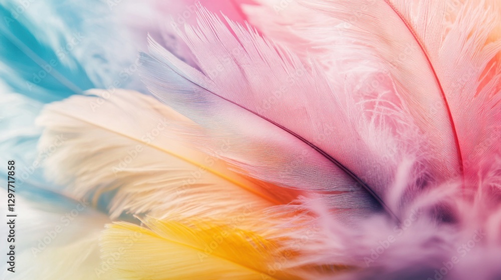 Colorful feathers swirling softly on seamless gradient background Colorful feathers swirling softly on seamless gradient background
