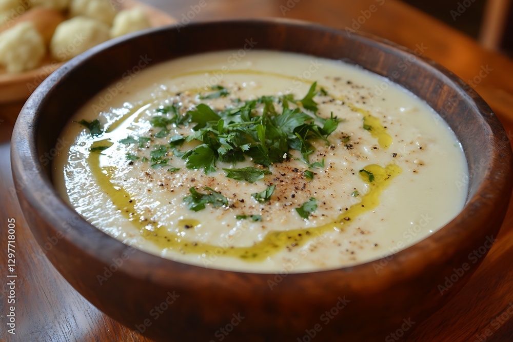 Creamy white soup in wooden bowl, garnished, with appetizers in background Creamy white soup in wooden bowl, garnished, with appetizers in background