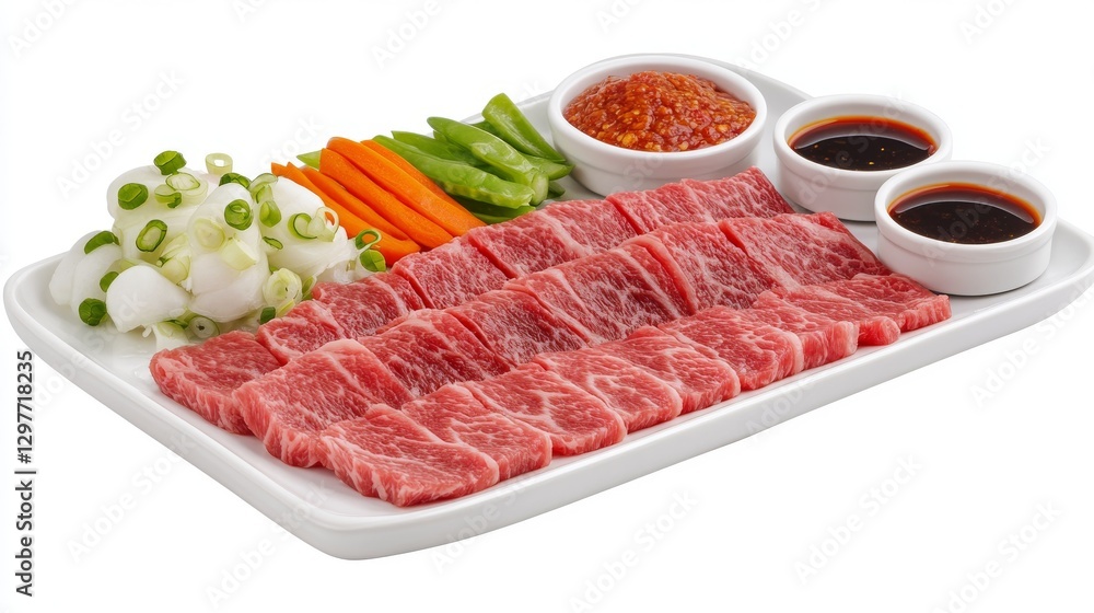 104.A high-quality image of a beef set for shabu, featuring thinly sliced beef arranged in an overlapping pattern on a white plate, accompanied by dipping sauces and vegetables, all isolated on a 104.A high-quality image of a beef set for shabu, featuring thinly sliced beef arranged in an overlapping pattern on a white plate, accompanied by dipping sauces and vegetables, all isolated on a