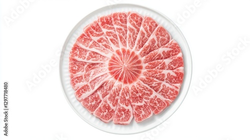 92.A high-resolution image of thinly sliced Kurobuta pork arranged in a circular pattern on a round white plate, showcasing the intricate marbling and pinkish-red hue of the raw meat, isolated on a