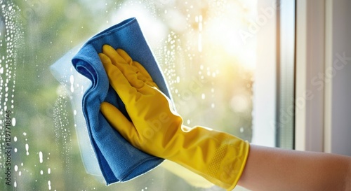 Wallpaper Mural A hand wearing a yellow rubber glove cleans a window with a blue cloth. Bright sunlight filters through the glass, illuminating the water streaks. Cleaning task. Torontodigital.ca