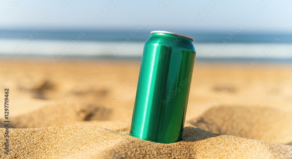 A green aluminum can is partially buried in sandy beach sand. The background features a soft blue ocean under a clear sky. The scene captures a tranquil summer day. A green aluminum can is partially buried in sandy beach sand. The background features a soft blue ocean under a clear sky. The scene captures a tranquil summer day.