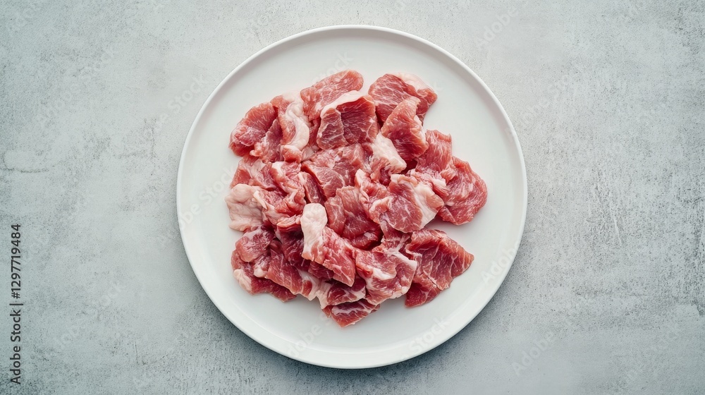 68.A neatly arranged white plate of thinly sliced belly pork, the marbled pink and white layers accentuated under soft studio lighting, placed on a smooth grey surface. 68.A neatly arranged white plate of thinly sliced belly pork, the marbled pink and white layers accentuated under soft studio lighting, placed on a smooth grey surface.
