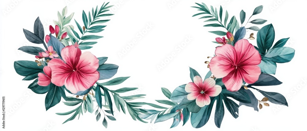 Fototapeta premium Watercolor Floral Wreath with Pink Hibiscus Flowers and Lush Green Foliage on White Background for Wedding Invitation and Card Design