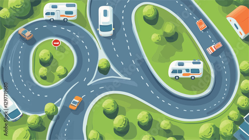 Top-down view illustration depicting a serpentine road winding through a lush green landscape.  The road is dark blue with white dashed lines. Various vehicles, including campervans and cars, are
